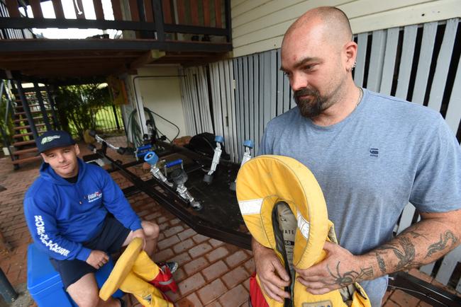 Chris Churchill and Michael Williams survived a chance collision with a whale where there boat sank off Evans Head. Picture: Marc Stapelberg