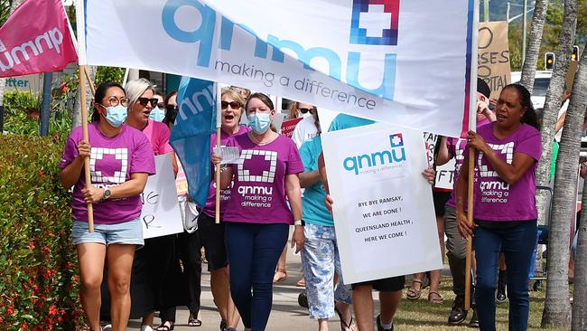 Private health staff rally outside the Cairns Private Hospital on Friday, August 5. Picture: Brendan Radke