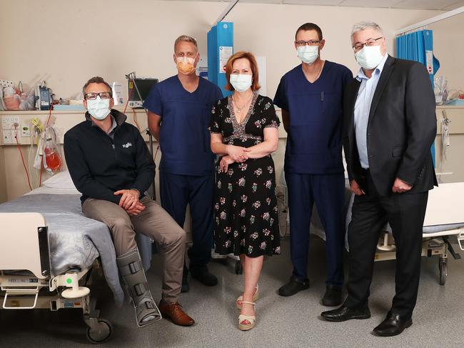 St. Giles CDO Nic Stephen, Dr Heath Adams, Hobart Private Hospital general manager Kathryn Berry, HPH critical care nurse unit manager Ben Roberts and St. LukesHealth chief executive Paul Lupo at the Hobart Private Hospital ahead of the Tasmanian border opening on December 15. Picture: Nikki Davis-Jones