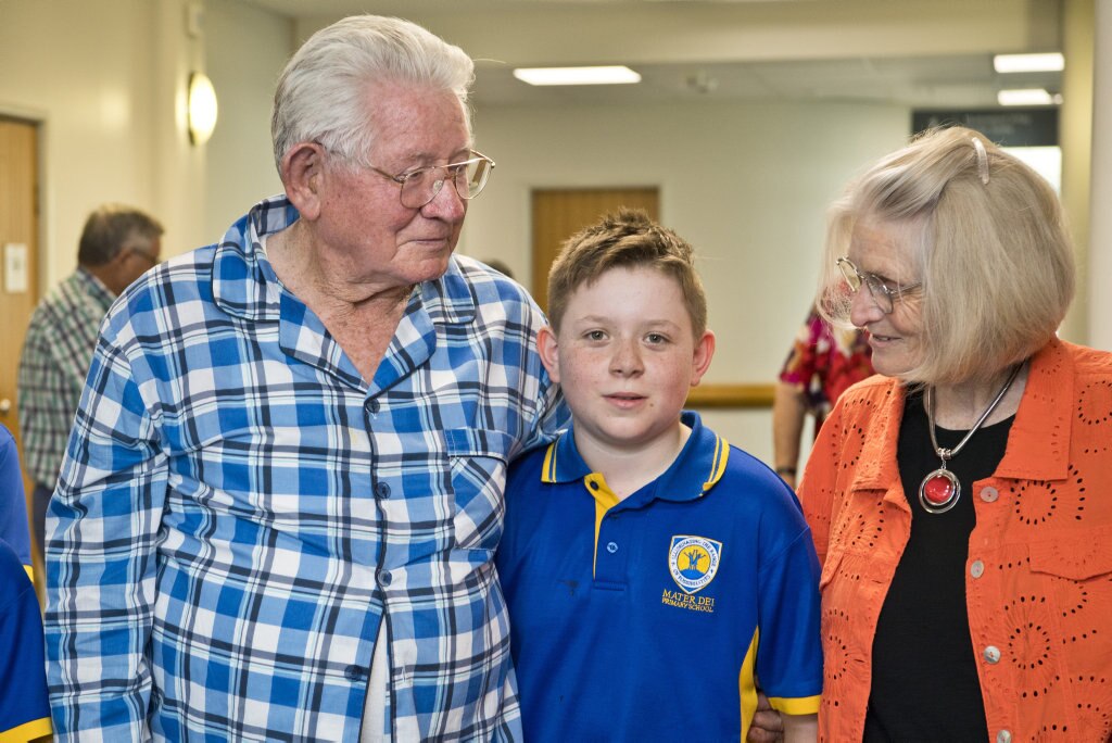 Jasper Pennell met with his grandad patient Paddy Osborne and grandmother Dawn Osborne, as Mater Dei Primary School Yr 4 students sing Christmas carols in the wards of St Vincent's Private Hospital, Friday, November 29, 2019. Picture: Kevin Farmer