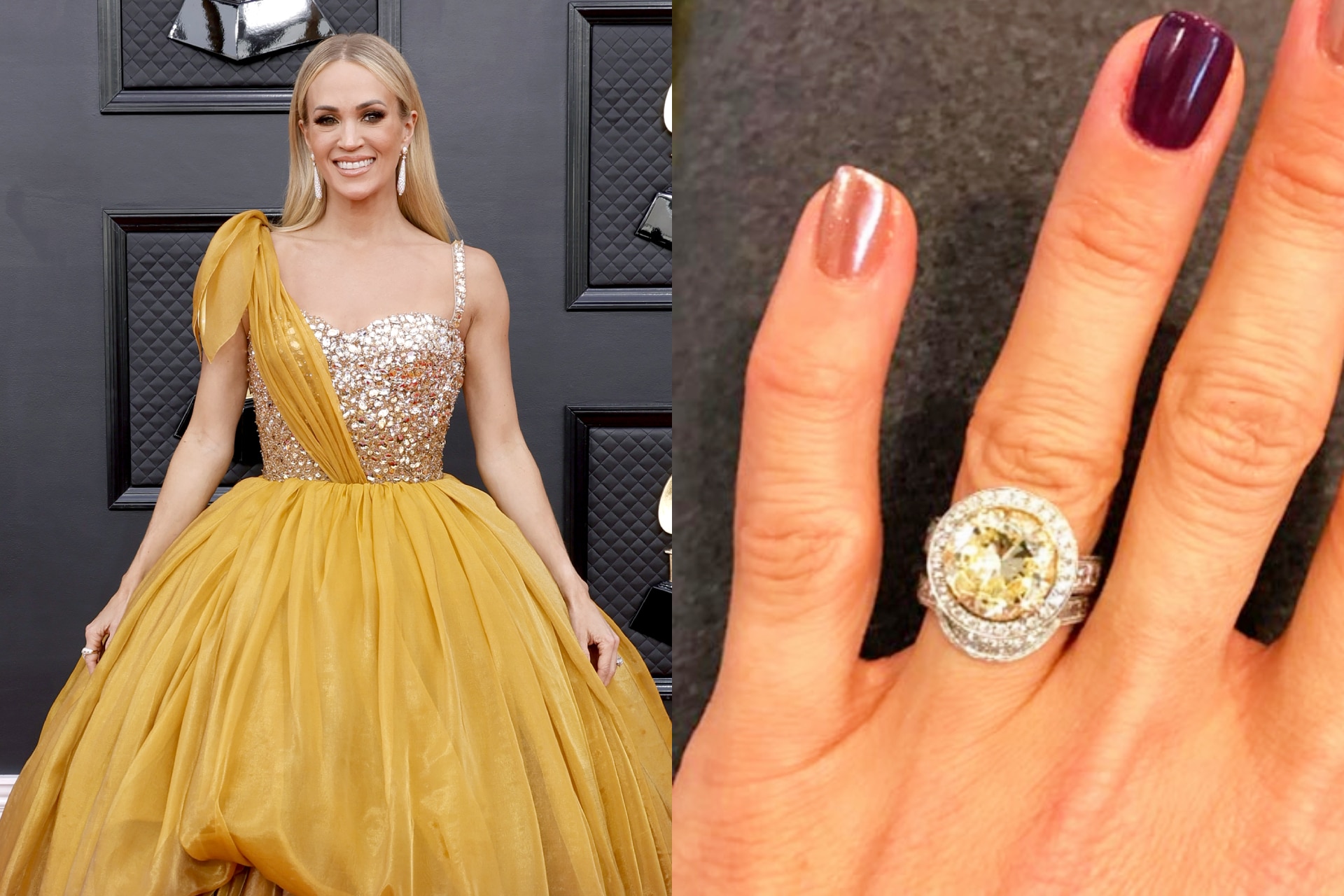 <h3><b>Carrie Underwood</b></h3><p>Carrie Underwood&rsquo;s finger flaunts a five-carat, round-cut yellow diamond.</p>