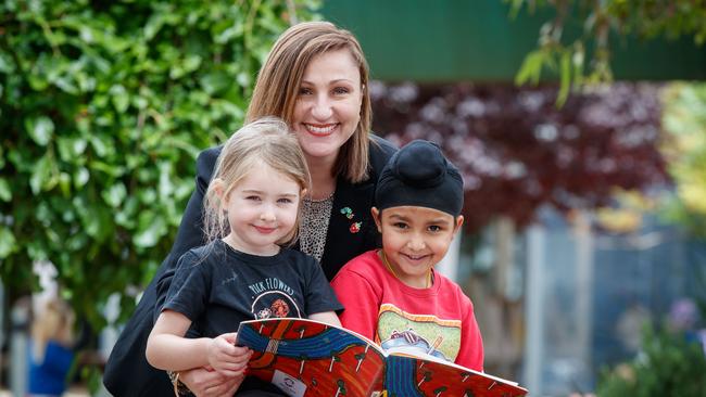 Sandra Cattel, site leader at Mawson Lakes Preschool with students Ekagar, 5, and Hayden, 4. Picture: Matt Turner