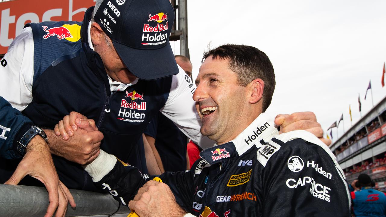 Team boss Roland Dane celebrates Jamie Whincup's Newcastle win last year.