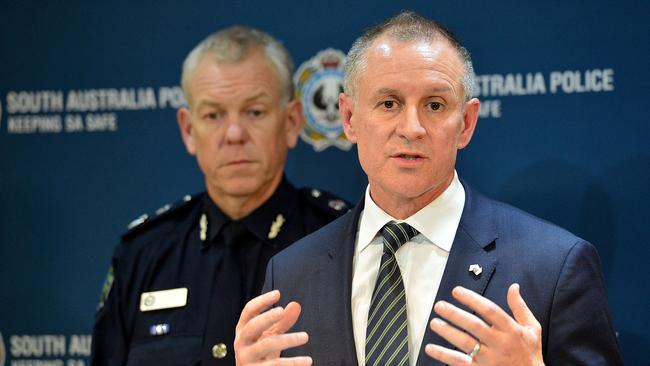 Premier Jay Weatherill addresses the media with Police Commissioner Grant Stevens. Picture: Bianca De Marchi