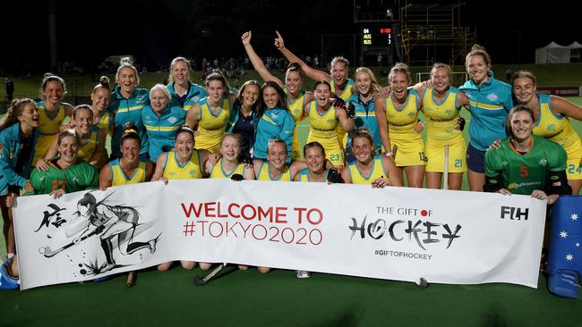 The Hockeyroos celebrate winning the Olympic qualifying Match 2 against Russia in October last year. Picture: AAP Image/Richard Wainwright