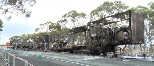 The scene of carnage on the SA-Victorian border, where one truck driver died in a three-truck smash. Picture: Nine News