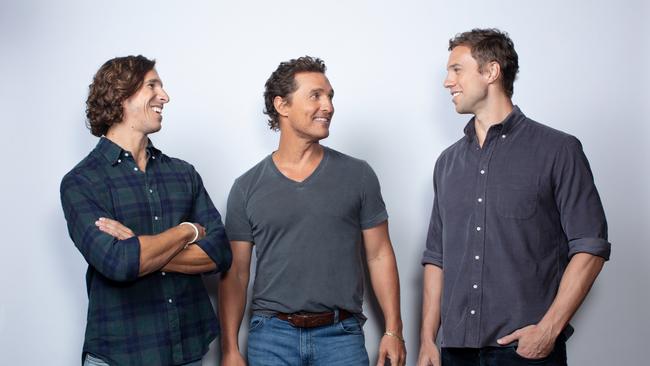 Aussie entrepreneurs Chris and Cam Grant with actor Matthew McConaughey. Picture: Karl Ferguson Jr