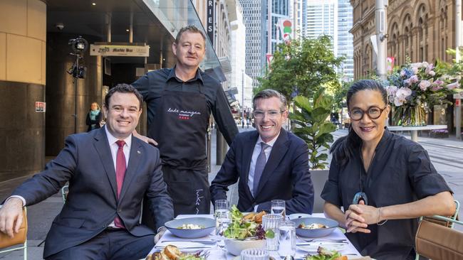 NSW Premier Dominic Perrottet, Tourism Minister Stuart Ayres, Luke Mangan and fellow chef Kylie Kwong launch Sydney's Open for Lunch. Picture: Destination NSW