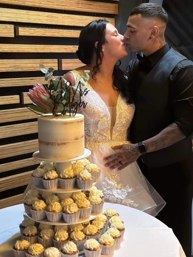 Tahlia and Harley’s wedding cake. Picture: Colleen Strangways and Reece McArdle