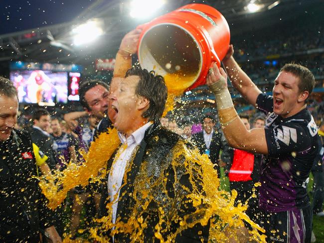 Storm coach Craig Bellamy has Gatorade poured over him after the 2009 NRL Grand Final match between the Parramatta Eels and the Melbourne Storm. (Photo by Cameron Spencer/Getty Images)