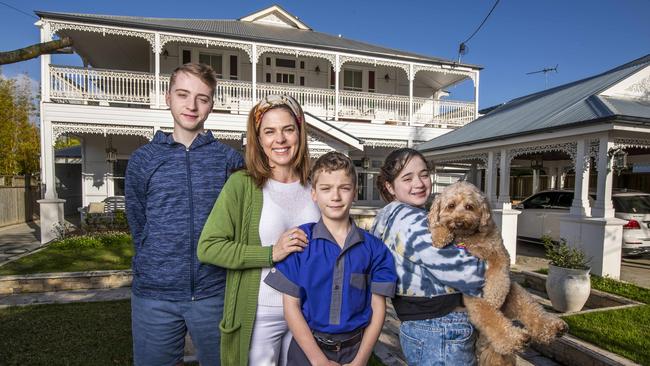 Ethan, Justine, Dante and Allegra Campbell at their new Bulimba home in Brisbane after moving out of Melbourne. Picture: Glenn Hunt