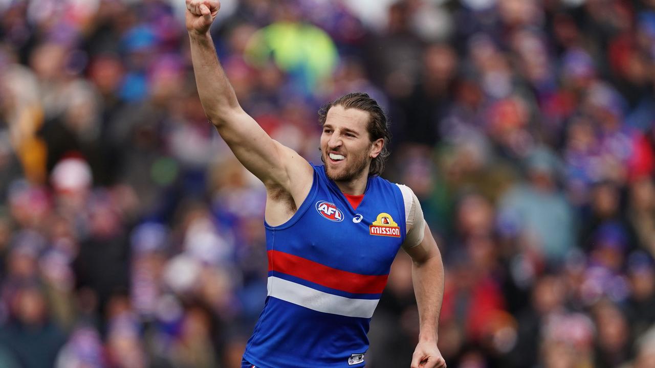 Marcus Bontempelli celebrates a goal last season.