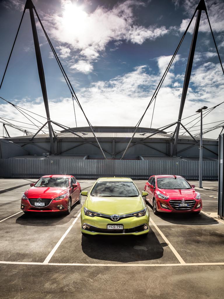 CARSGUIDE- 3 car comparison. Hyundai i30, Toyota Corolla and Mazda3. Picture: Thomas Wielecki