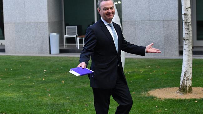 Christopher Pyne arrives at yeserday’s partyroom meeting. Picture: AAP.