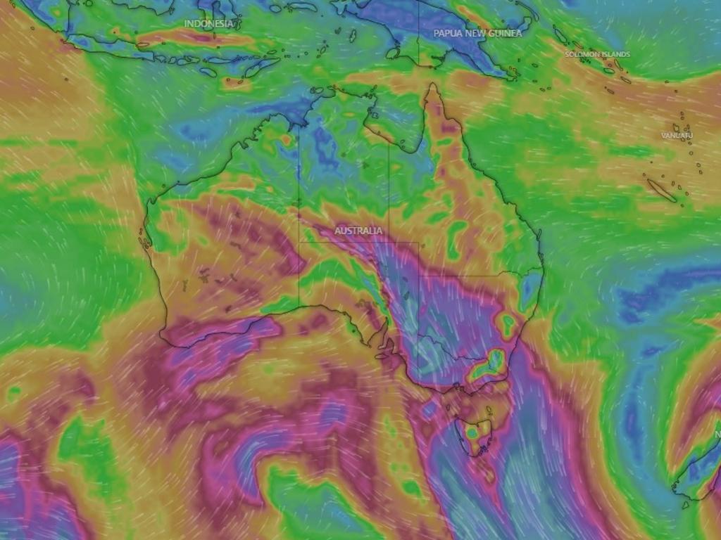 Expect some blustery conditions this weekend with this map showing heightened winds across the south and east. Picture: Windy.