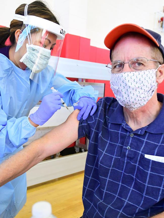 Mike Brady receives his Covid vaccine in Corona, California, last January after the California government in the US began offering the coronavirus vaccine to residents 65 and older. Picture: AFP