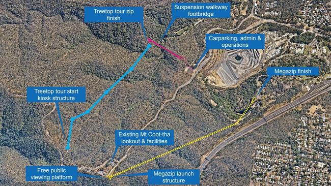 A map showing the proposed routes for the ziplines from Mt Coot-tha.