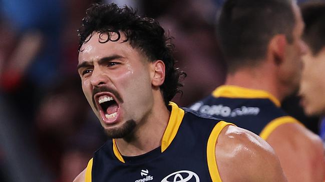 ADELAIDE, AUSTRALIA - MAY 02: Izak Rankine of the Crows celebrates a goal during the 2024 AFL Round 08 match between the Adelaide Crows and the Port Adelaide Power at Adelaide Oval on May 02, 2024 in Adelaide, Australia. (Photo by James Elsby/AFL Photos via Getty Images)