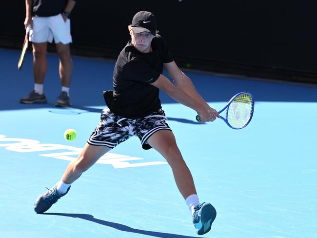 Cruz Hewitt practices ahead of the AO 2025 qualifying tournament. Picture: Tennis Australia/ Fiona Hamilton