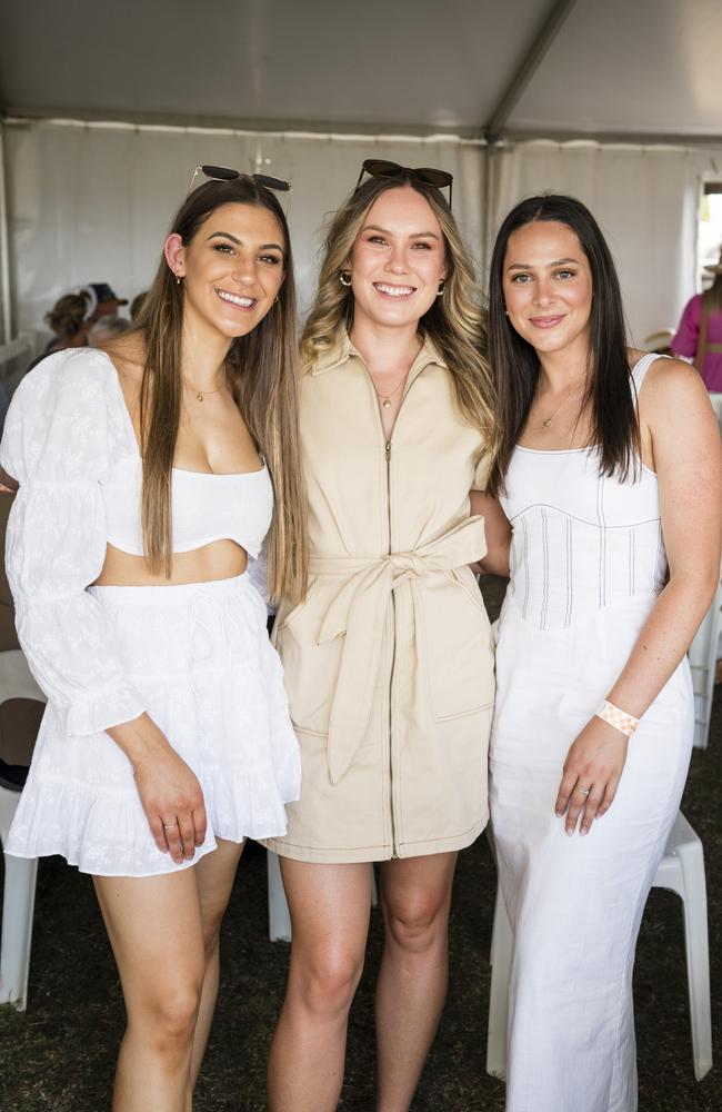 At the Clifton Races are (from left) Melissa Innamorati, Ashlee Brindell and Lauren Berndt, Saturday, October 28, 2023. Picture: Kevin Farmer