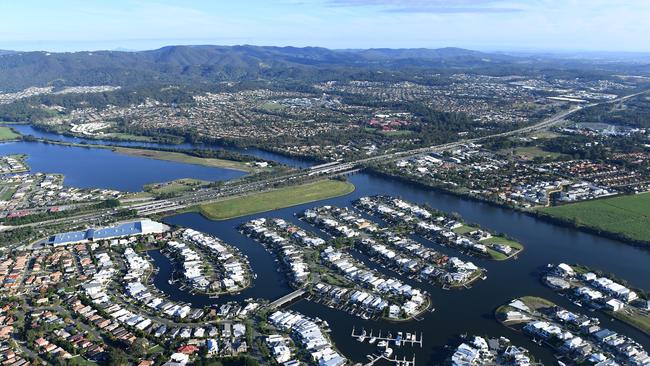 An aerial view of residential housing around the Coomera River on the Gold Coast, where there is high financial stress, according to Digital Finance Analytics. Image: Dave Hunt.