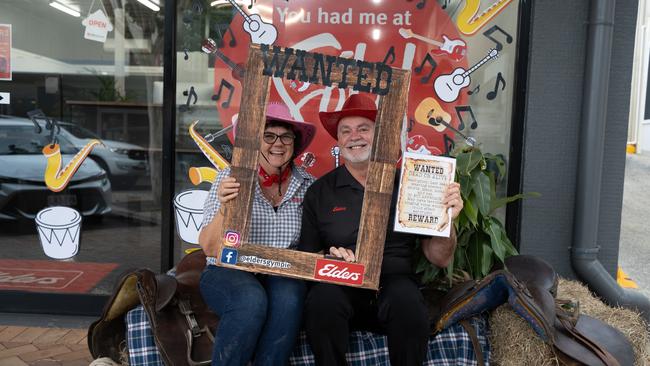 Mel Clift and Ian Partington of Elders Gympie outside their hay bale set up for Buskers on Mary. August 18, 2023. Picture Christine Schindler