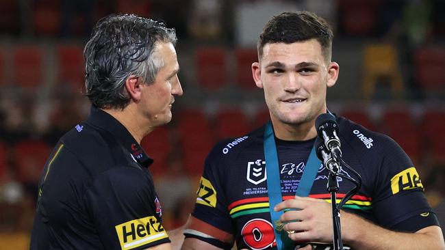 Cleary received the Clive Churchill Medal from his dad after the 2021 Grand Final. Picture; Adam Head