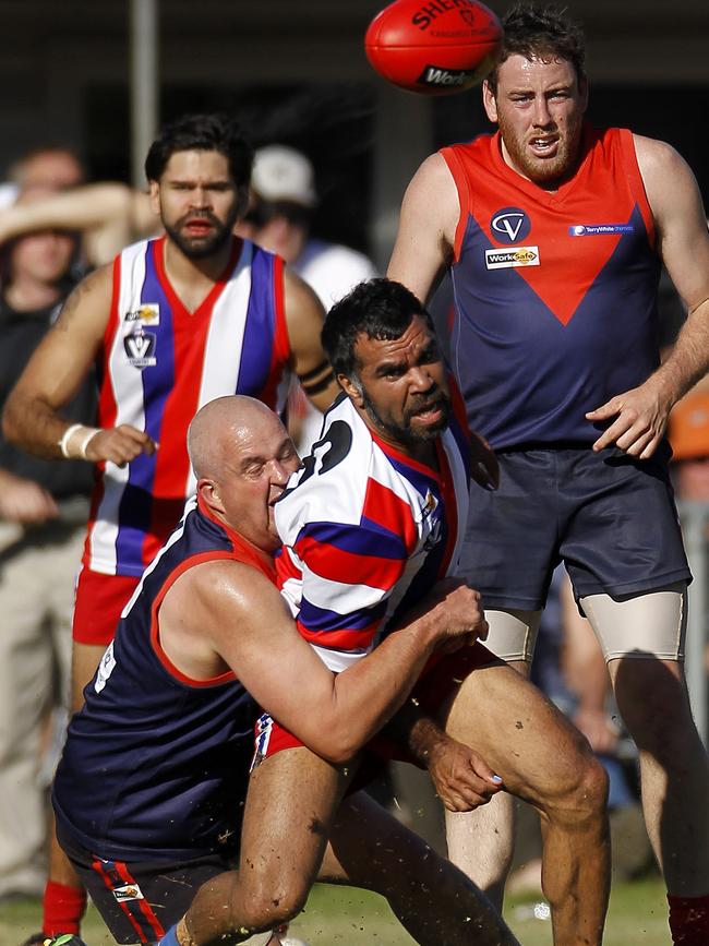 Wilfred Carter in action for Lindenow South against Swifts Creek in the Omeo District grand final at Ensay in 2013. Picture: Yuri Kouzmin