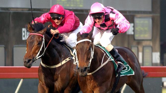 Darren Beadman (pink with black checks) gets Allgunadoit home in the Spring Stakes. Picture: Robert McKell