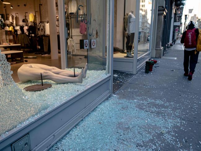 A looted and destroyed shop is seen after a night of protest in Lower Manhattan in New York City. Thousands of National Guard troops patrolled major US cities. Picture: AFP