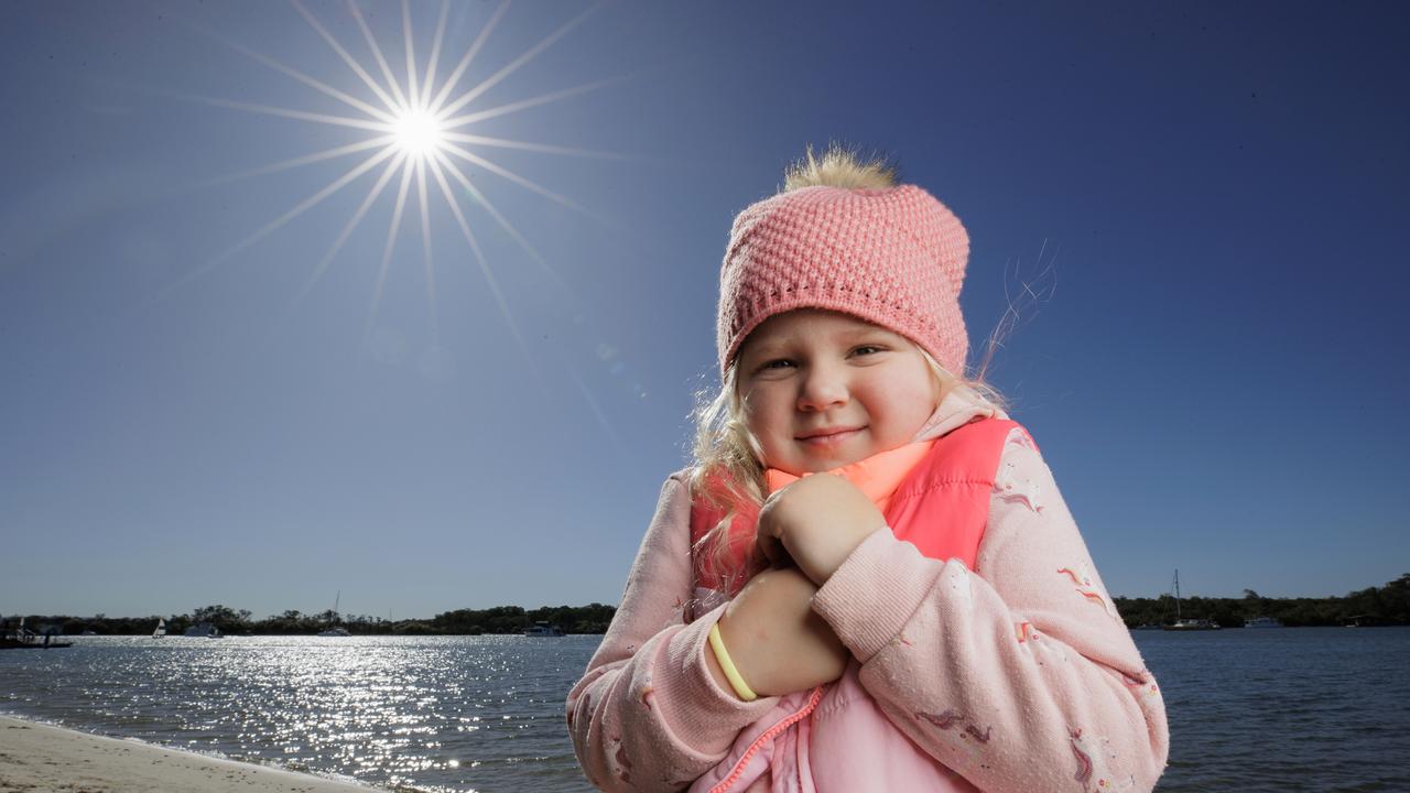 Raffi Smith-Rogers, 5, rugs up from the cold at Noosaville. Picture Lachie Millard