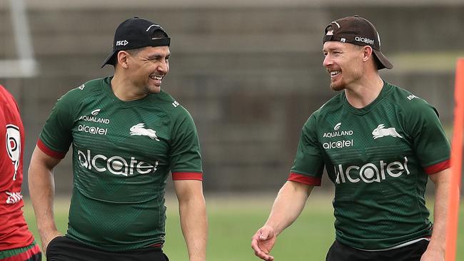 Cody Walker and Damien Cook this week during South Sydney training ahead of their final against the Knights. Picture. Phil Hillyard