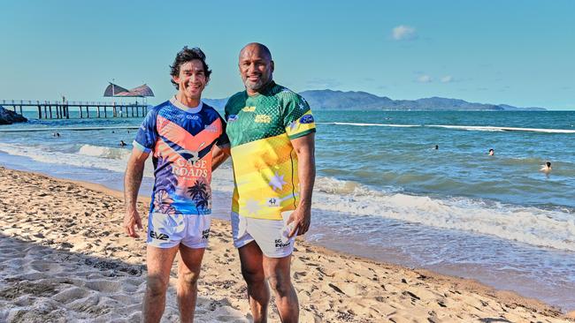 Lote Tuqiri, pictured here with Johnathan Thurston, spend the past week with his Aussie Dingos team at the annual Northern Australia Beach 5s Rugby Championships held at The Strand in Townsville. Picture: Saxon Photography/Beach Rugby Australia.