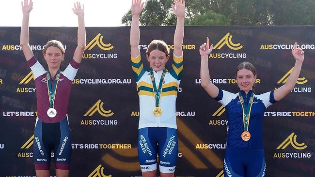 Cairns Cycling Club rider Chloe Buckley, 13, (far left) performed very well in debut AusCycling Junior Titles in the U15 Women division in Wollongong and came second in the U15 Women Criterium by 0.01.