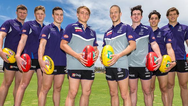 Fremantle’s 2017 draft class: Scott Jones, Hugh Dixon, Tom North, Mitchell Crowden, Sam Switkowski, Andrew Brayshaw, Adam Cerra and Lloyd Meek. Picture: Paul Kane/Getty