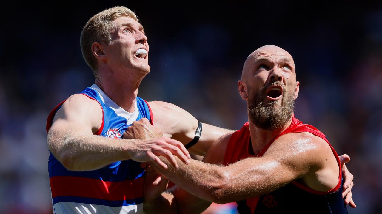 Max Gawn is winning the ruck battle against Tim English. Picture: Dylan Burns/AFL Photos via Getty Images