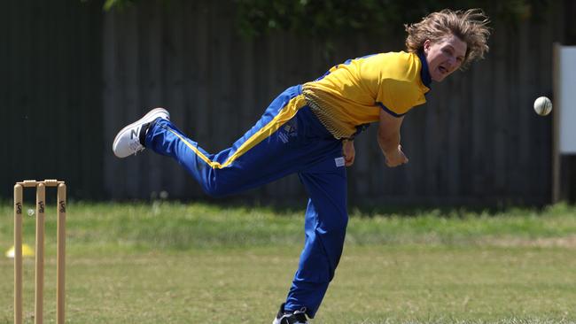 Jack Ryan of St Brigid's-St Louis bowling on Saturday. Picture: Hamish Blair