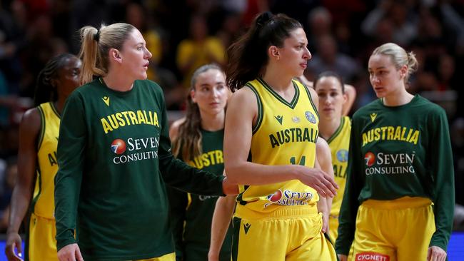 SYDNEY, AUSTRALIA - SEPTEMBER 30: Lauren Jackson and Marianna Tolo of Australia react following the 2022 FIBA Women's Basketball World Cup Semi Final match between Australia and China at Sydney Superdome, on September 30, 2022, in Sydney, Australia. (Photo by Kelly Defina/Getty Images)