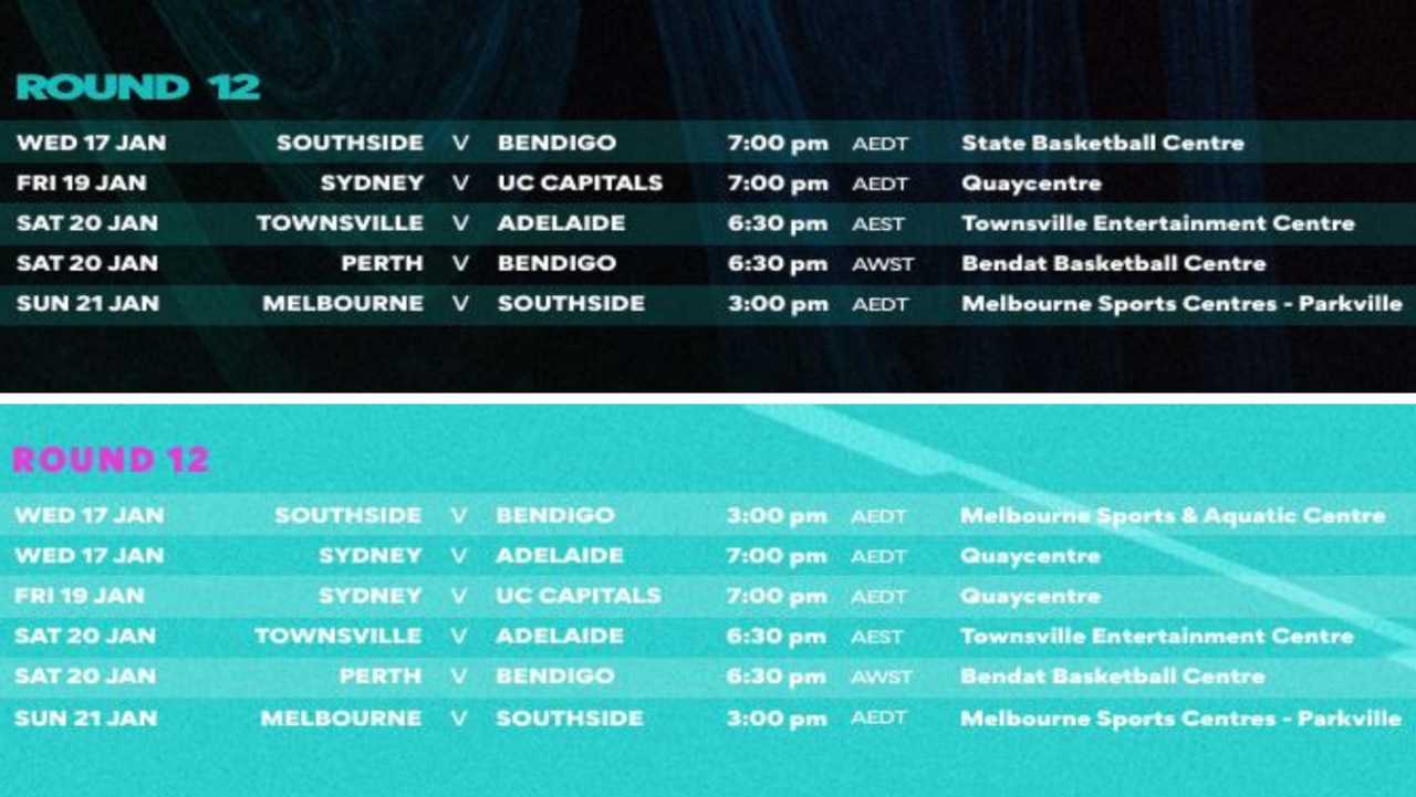 The WNBL's original Round 12 fixture with the Flyers' double booking, and updated.