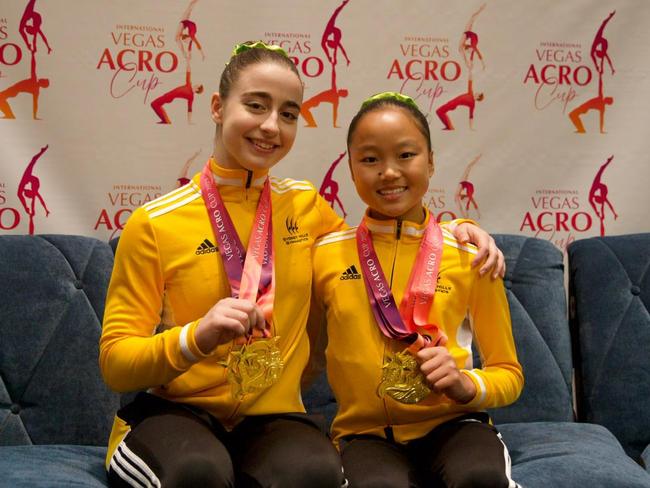 Gymnasts Catie Boffa and Hana Heo, from the Sydney Hills Gymnastics centre, after winning gold at the Acro Vegas Cup in Las Vegas in April 17, 2023. Photo: supplied.