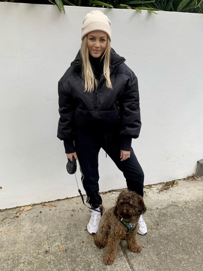 Samantha Jade takes Banksy for a walk outdoors.