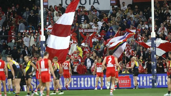 Swans fans during AFL Gather Round match between the Sydney Swans and Richmond at the Adelaide Oval on 14 April, 2023. Picture: Phil Hillyard.