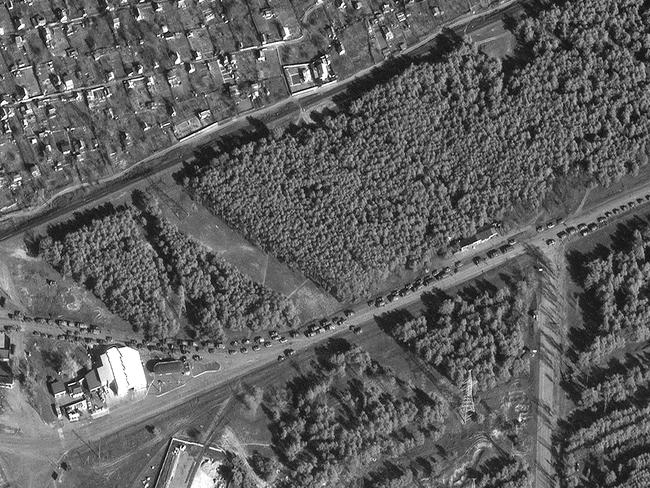 Russian ground forces as they approach Nova Kakhovka, Ukraine, on February 26. Picture: AFP/ Satellite image Â©2022 Maxar Technologies