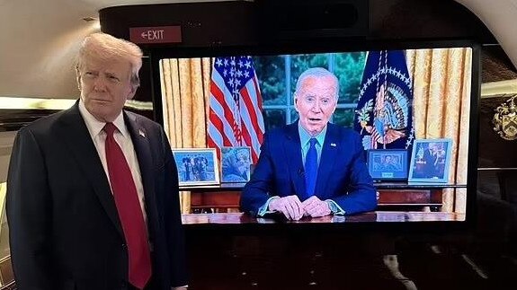 Donald Trump looks quizzical as he watches Joe Biden's speech.