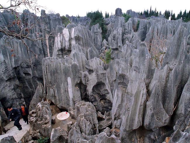 Tourists walking through the Stone Forest.