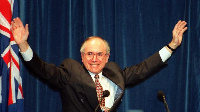 John Howard pictured in 1996 after claiming victory for the Coalition. His scrupulous respect for his party’s traditional ethos helped him succeed for as long as he did. Picture: Michael Jones