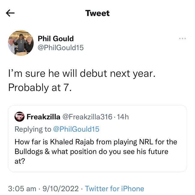 Canterbury boss Phil Gould predicts halfback Khaled Rajab will make his NRL debut next season. Credit: Twitter