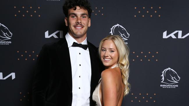 Broncos Awards Night Red/Black carpet with player and partners at the Brisbane Convention Centre - Herbie Farnworth and Lily Pickles South Bank Thursday 5th October 2023 Picture David Clark