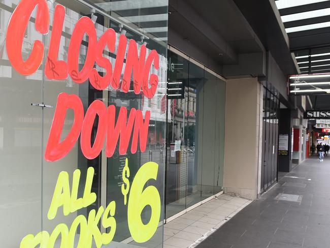 Empty CBD Melbourne. The Book Grocer store closed in Bourke Street Mall. Picture: Josie Hayden