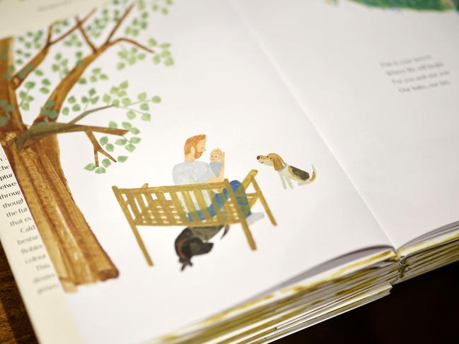 A detail from the children's book 'The Bench' by Meghan, Duchess of Sussex, which is inspired by her husband Harry and her son Archie. Picture: AFP